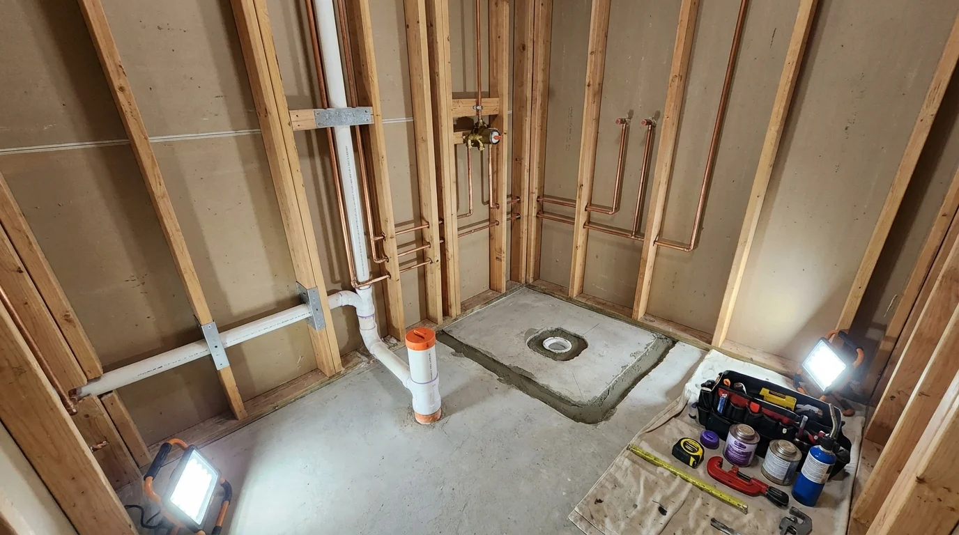 Bathroom rough-in plumbing during remodel by Johns Plumbing LLC in Mechanicsville