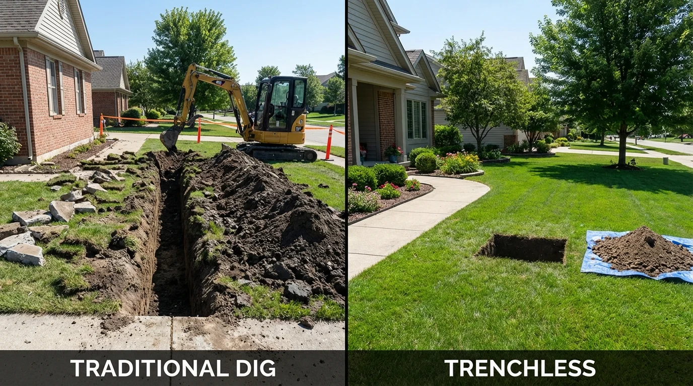Trenchless sewer repair with minimal yard damage versus traditional excavation in Mechanicsville, MD