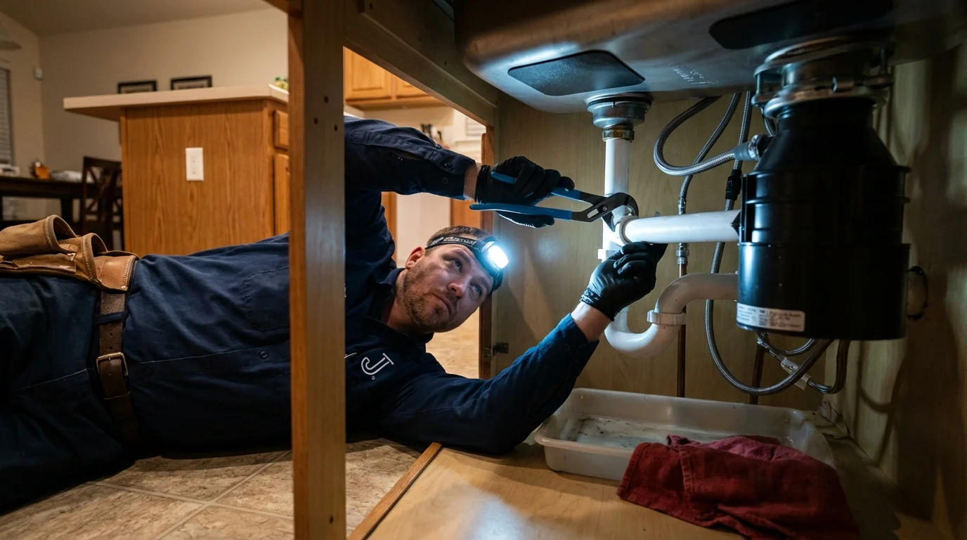 P-trap and supply line connections under a kitchen sink showing a common leak point in Mechanicsville, MD
